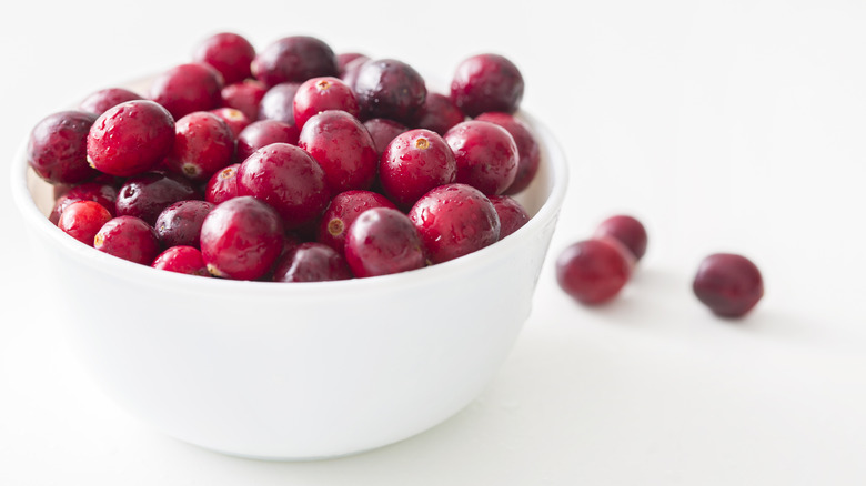 A white bowl of cranberries