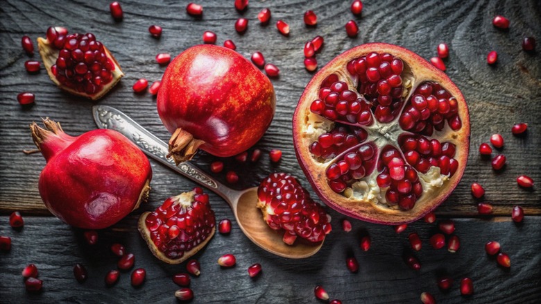 Whole pomegranates, open pomegranates, and pomegranate seeds on a wooden table