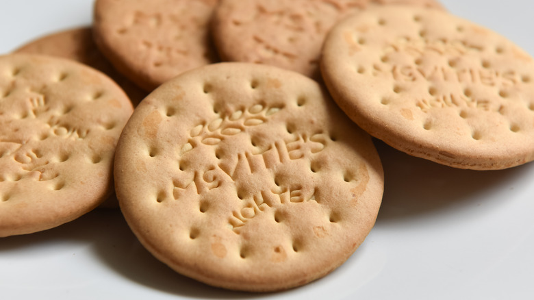 Rich tea biscuits on plate