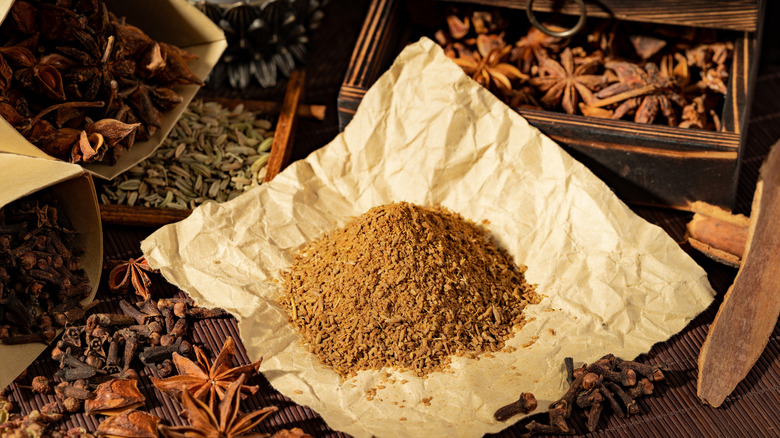 Chinese five-spice powder on paper surrounded by whole spices