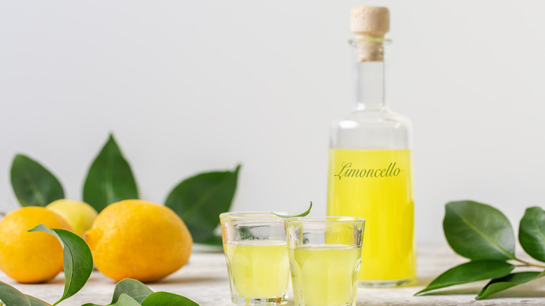 Two glasses of limoncello and bottle