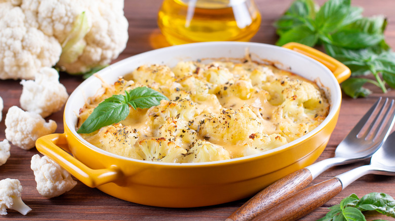 cauliflower casserole in yellow dish