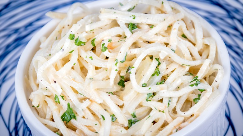 celeriac noodles in white bowl