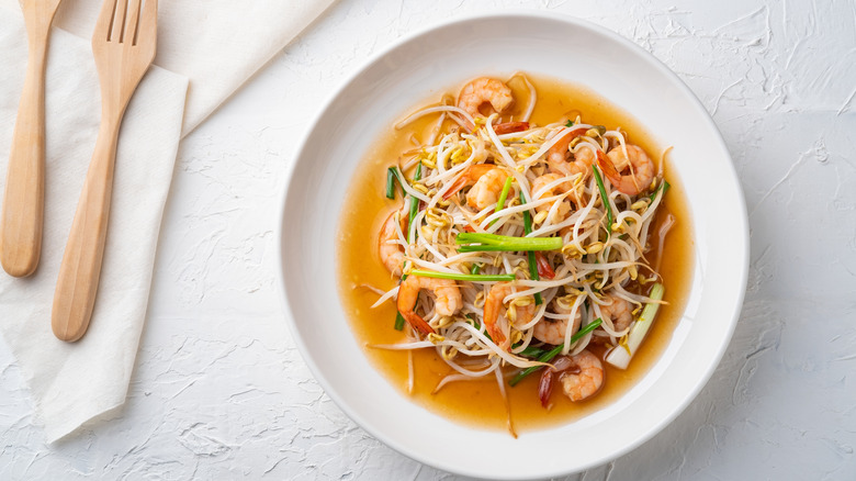 mung beans with shrimp on white plate