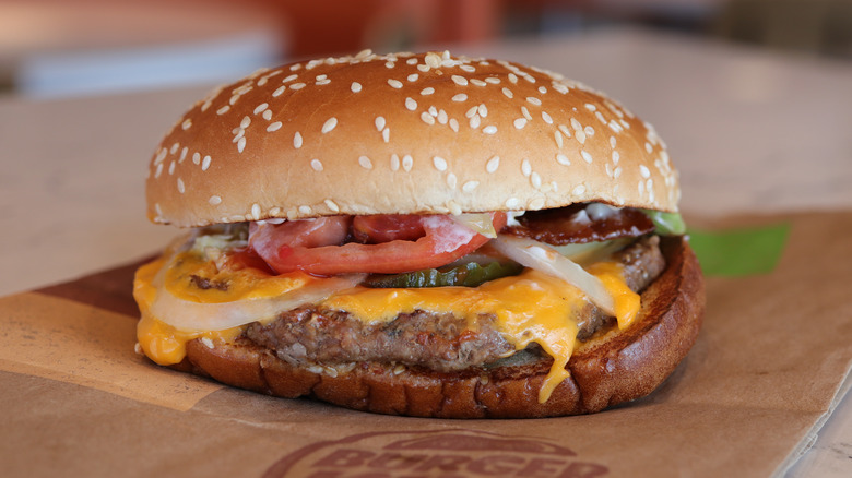 Fast food burger on its bag