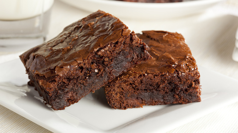 Fudge brownie on white plate