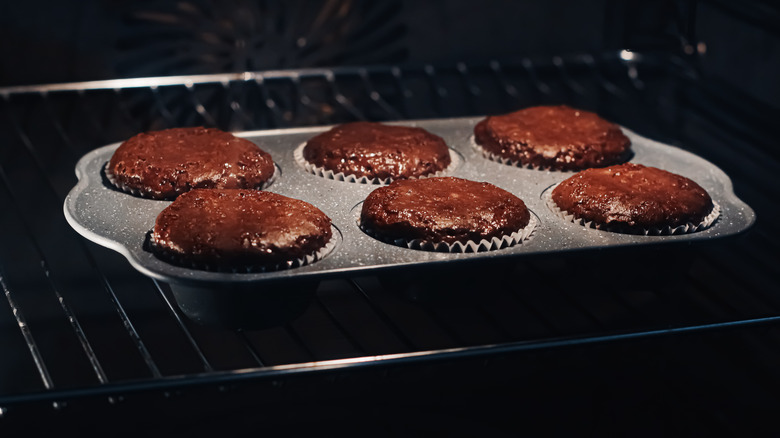 Chocolate muffins in the oven