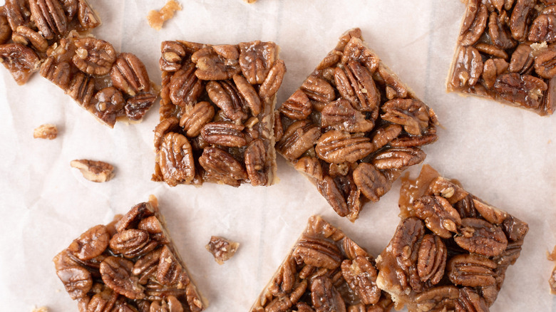 Pecan bars on parchment paper