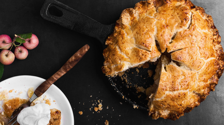 Double crusted apple pie with plate and apples