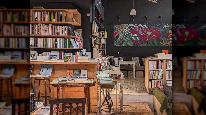 Bookstore shelves with chairs