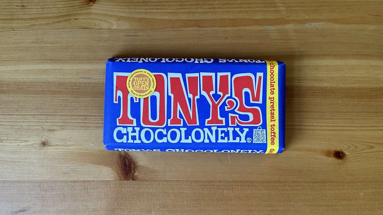 Tony's Chocoloney candy bar on wooden table