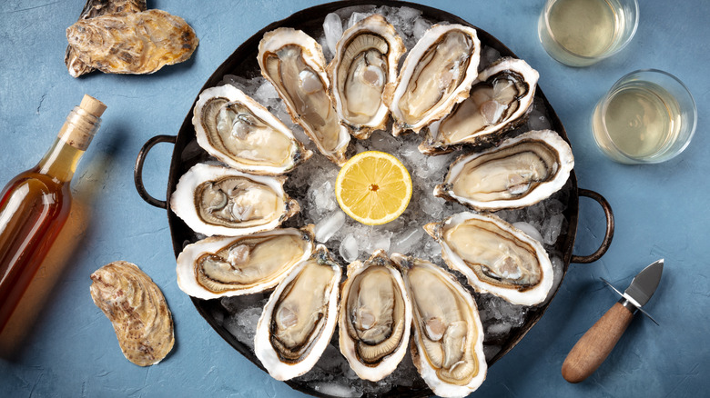 Shucked oysters on a tray