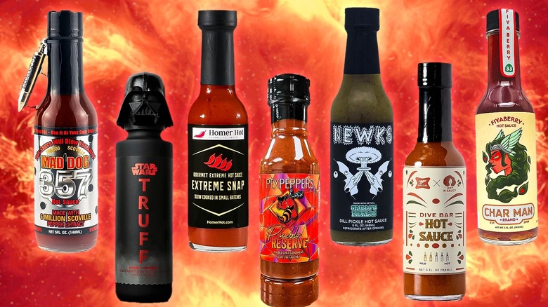 Hot sauce bottles over flames