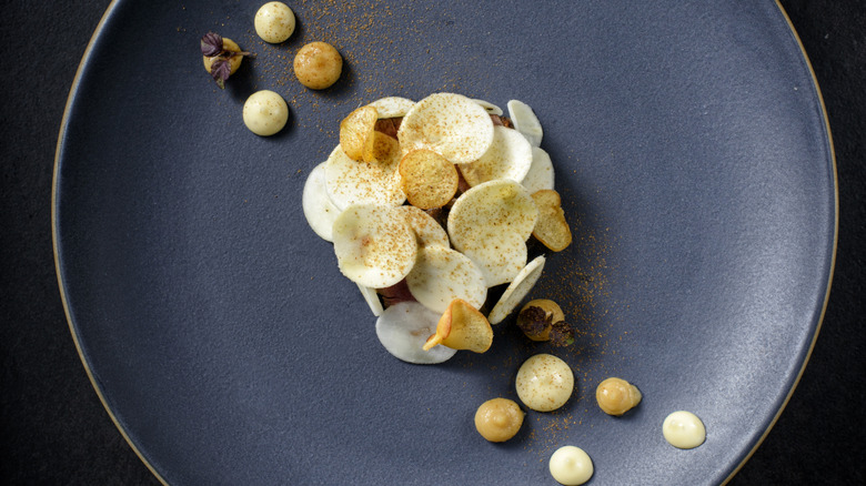 Minimalist plated dish on a deep blue plate, featuring a central arrangement of thinly sliced root vegetables and crisps dusted with spices. Accompanying the centerpiece are artfully placed dollops of creamy sauce and small golden spheres, garnished with delicate edible leaves. The dark background enhances the elegance and contrast of the presentation.