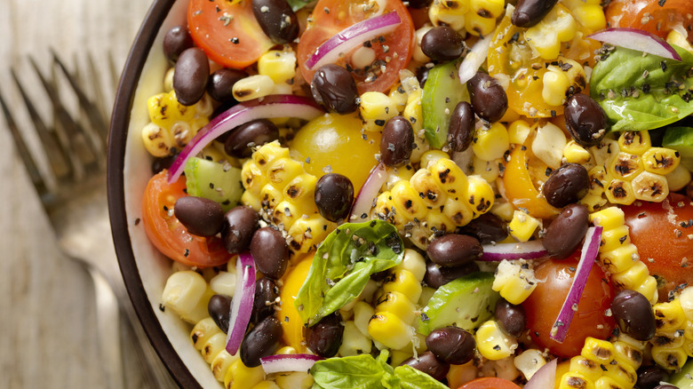 Black beans in a salad close-up
