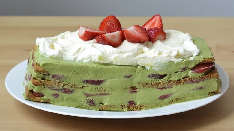 matcha strawberry cake on plate