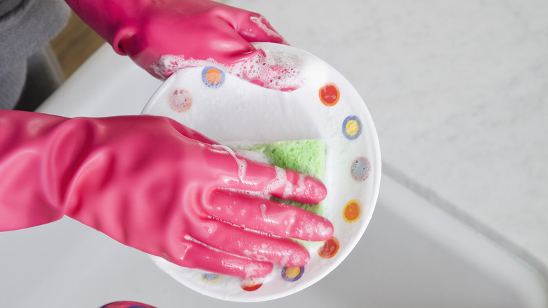 Hands cleaning dish in sink