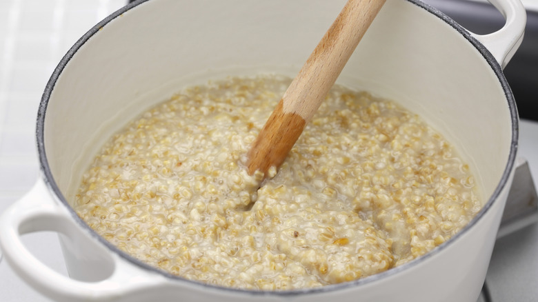 oatmeal and wooden spoon in pot