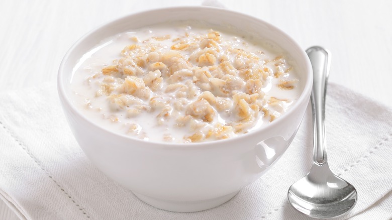 milky oatmeal in white bowl