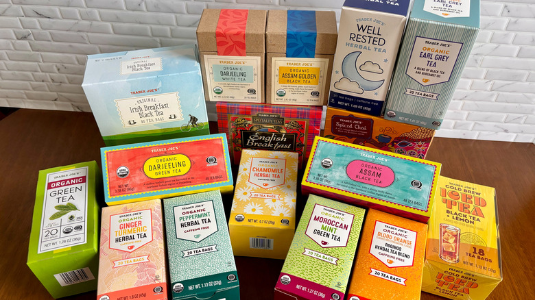 various Trader Joe's tea boxes