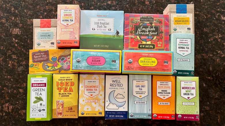 assorted Trader Joe's tea boxes