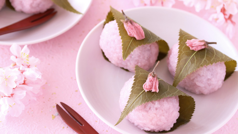 three sakura mochi