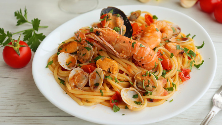 Pasta with seafood on plate