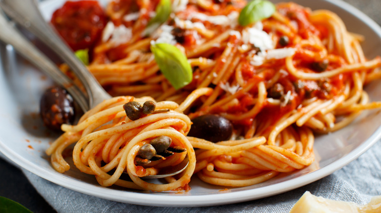 Puttanesca pasta in bowl