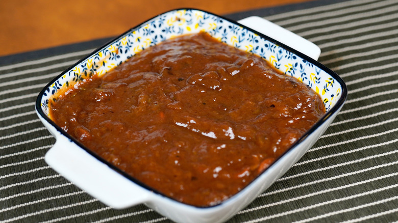 Chutney in a small dish with flowers