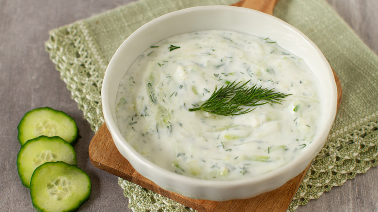 Tzatziki sauce in a white bowl