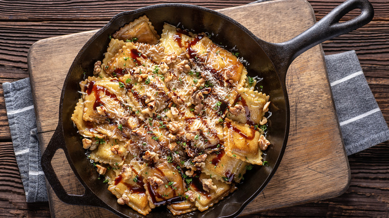 Balsamic with ravioli in pan