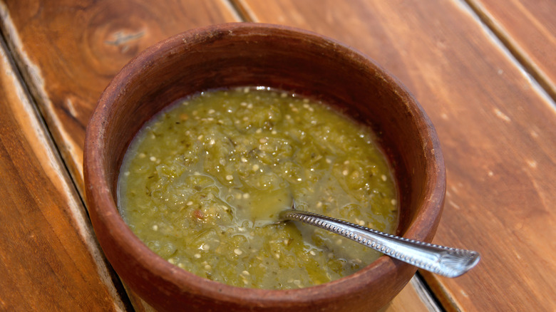 Salsa verde with spoon