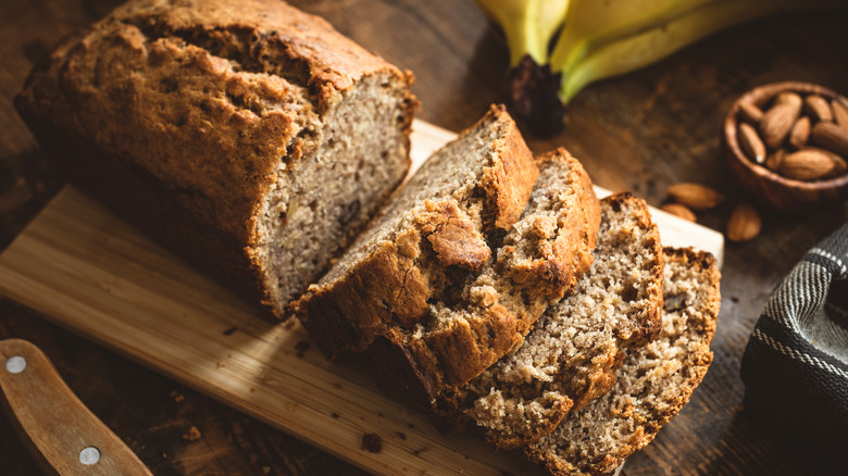 Sliced banana bread on cutting board