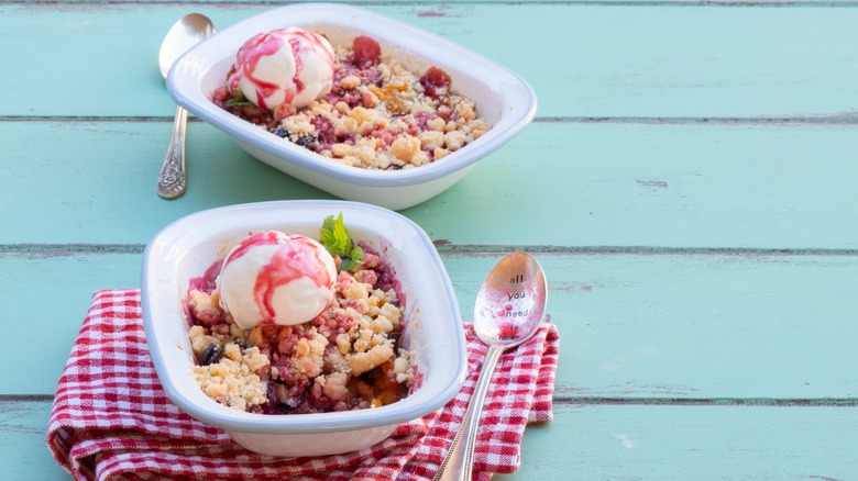 Fruit cobbler on blue table 