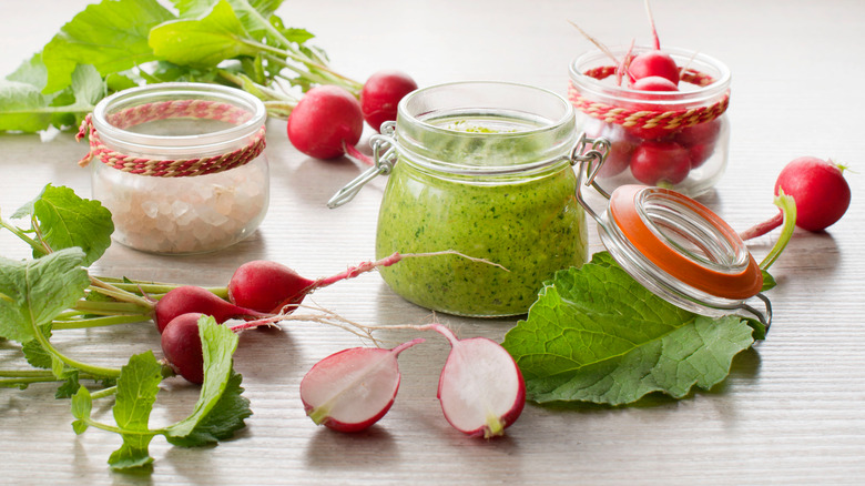 radish pesto in jar