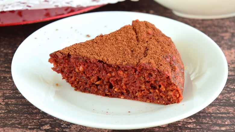 Chocolate cake on white plate 