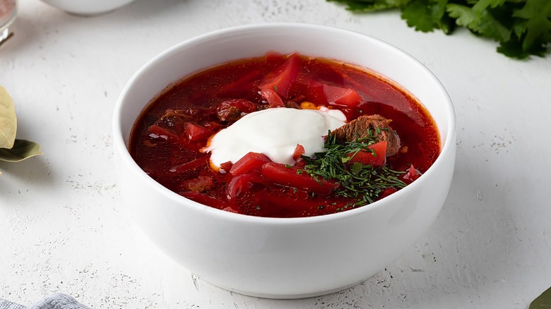 Borscht soup in white bowl 