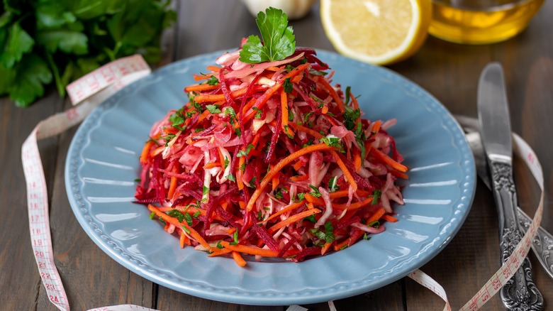 Beet slaw on blue plate 