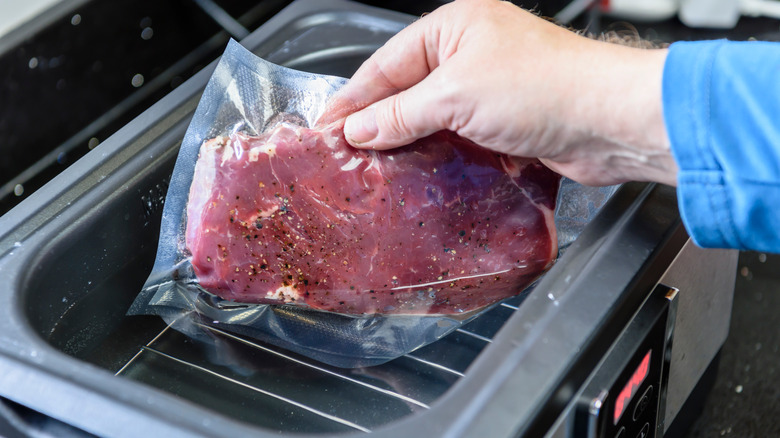 Steak cooked in a sous-vide water bath