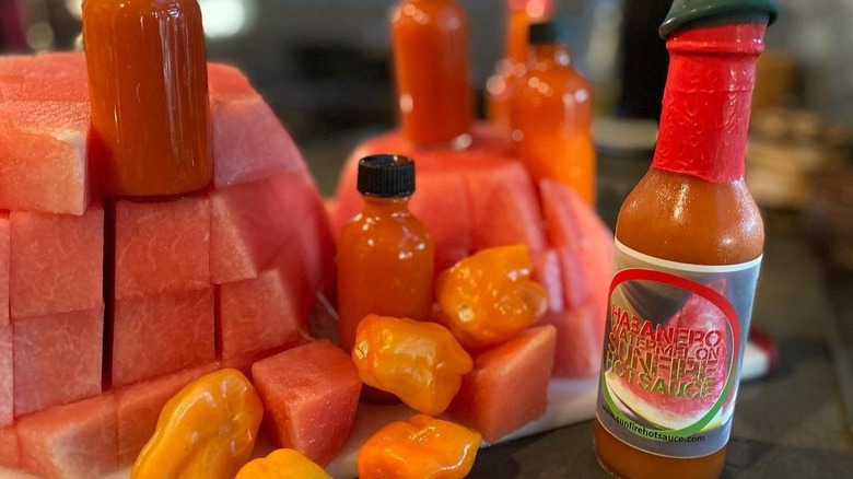 Cubed watermelon and hot sauce