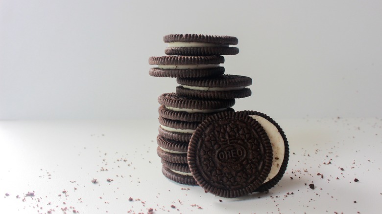 Oreo cookies stacked on counter