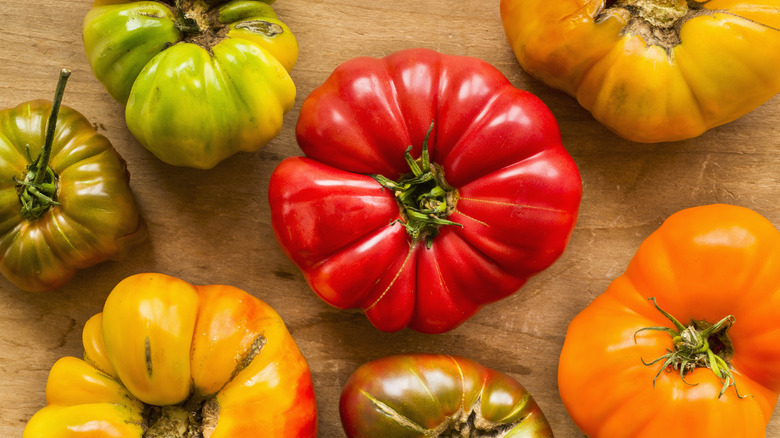 Heirloom tomatoes on wood