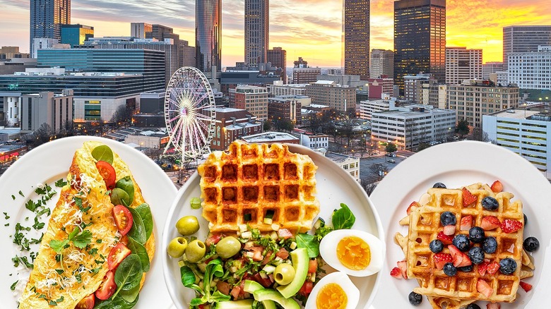 brunch food and Atlanta skyline