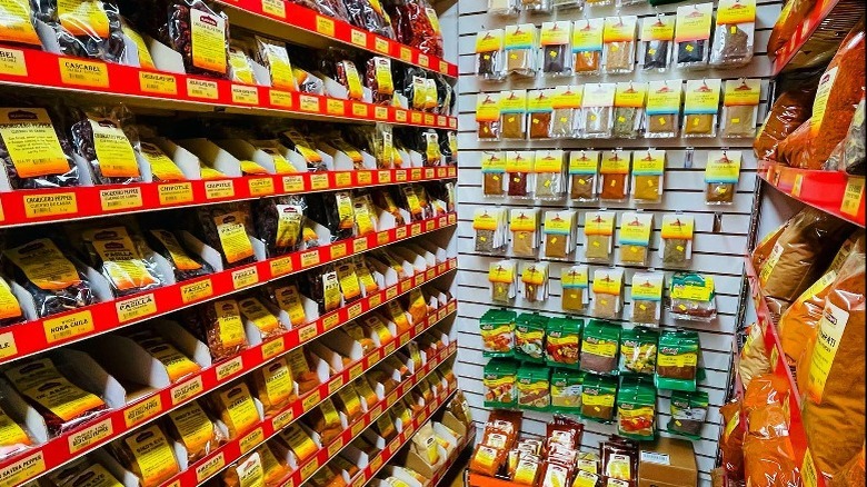 shelves of packaged spices