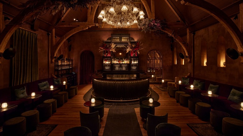 Bar area with crystal chandelier