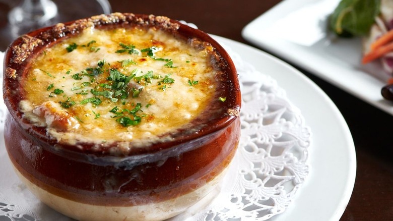 French onion soup on doily