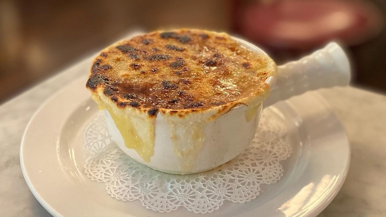 French onion soup in white bowl