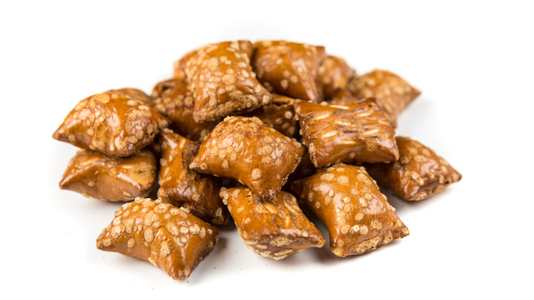 Pretzel nuggets on white background