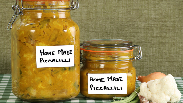 Glass jars of piccalilli