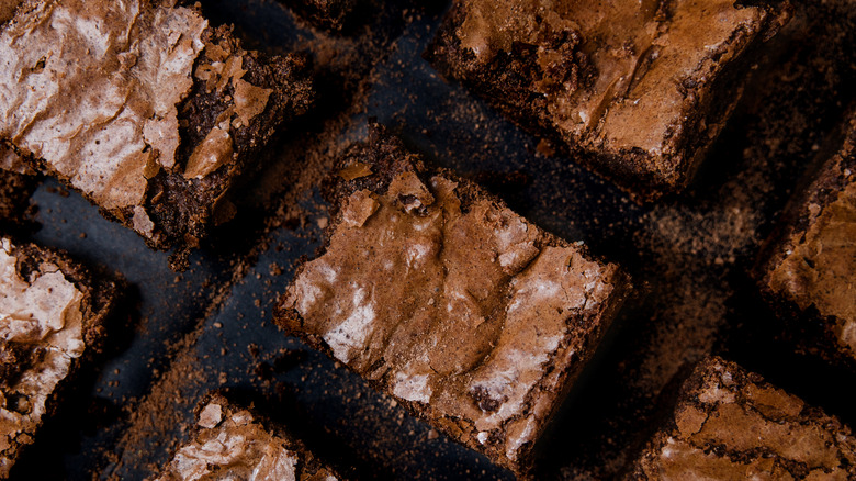 top view of sliced brownies on a pan